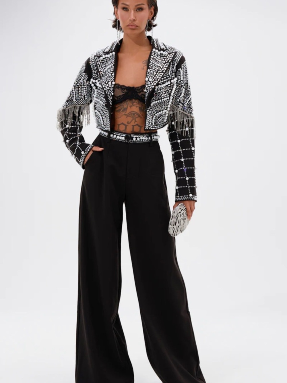 AKIRA Black Wide-Leg pants with Beaded Cropped Jacket